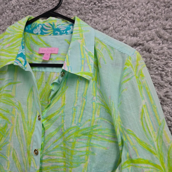 Lilly Pulitzer Shirt Women 10 Green Button Up Long Sleeve Palm Tree Tropical - Picture 3 of 12